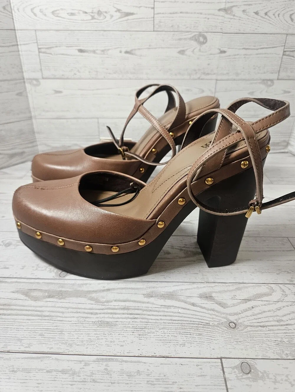 ZARA New Brown Leather Faux Wood Studded Platform Pumps Heels NWT Size 7.5